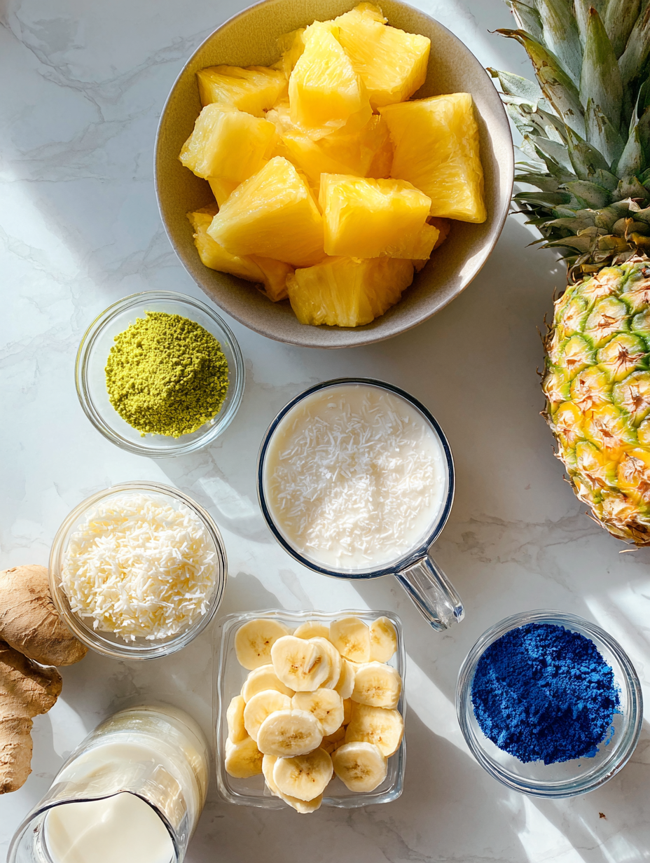 Ingredients for Erewhon-style blue spirulina smoothie, including frozen pineapple, banana, coconut milk, and blue spirulina powder, arranged on a countertop.