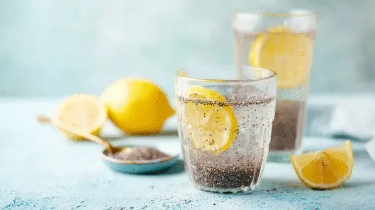 Glass of refreshing chia seed water with slices of lemon and lime and a straw.