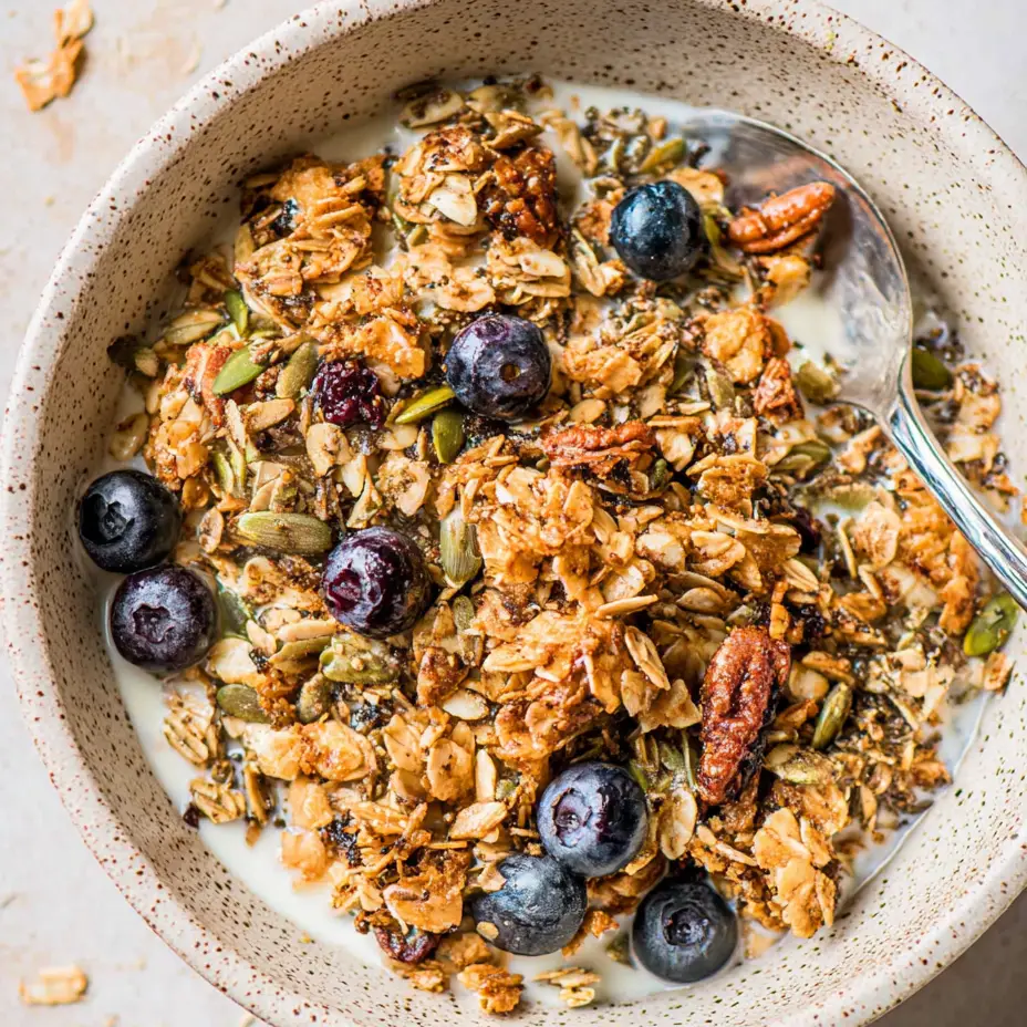 hemp-granola-featured Crunchy hemp granola in a jar with nuts and coconut