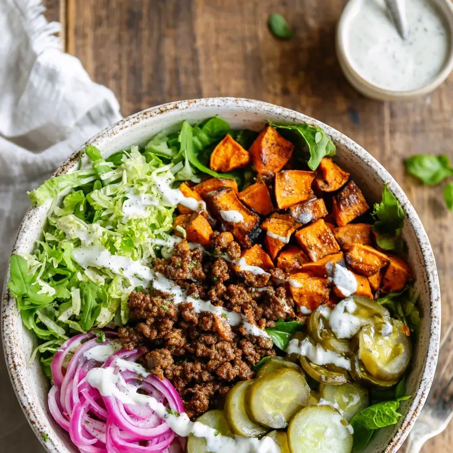 sweet-potato-burger-bowl-featured Sweet Potato Burger Bowl with Sauce and Fresh Toppings