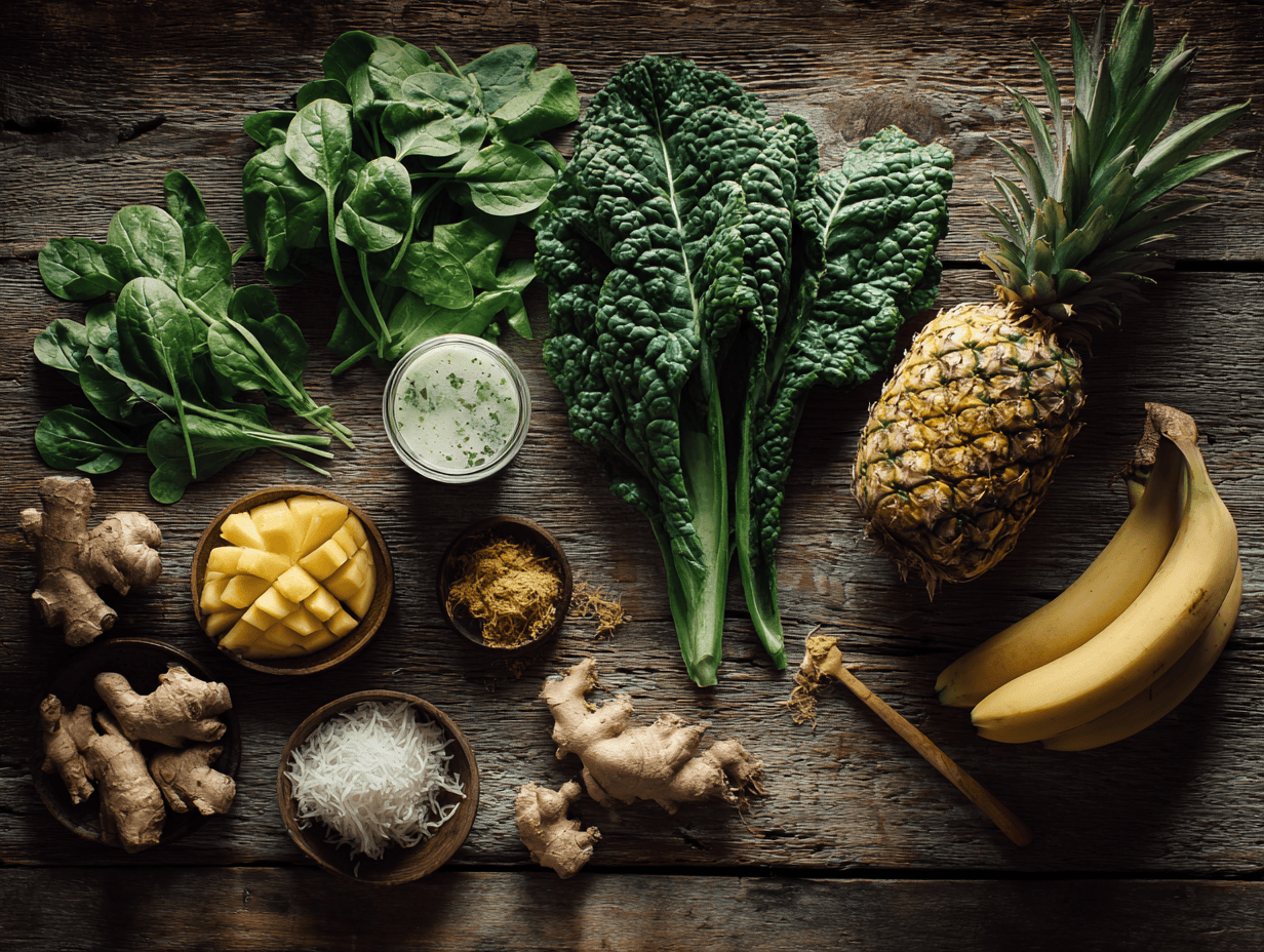 Detox Island Green Smoothie ingredients flat lay