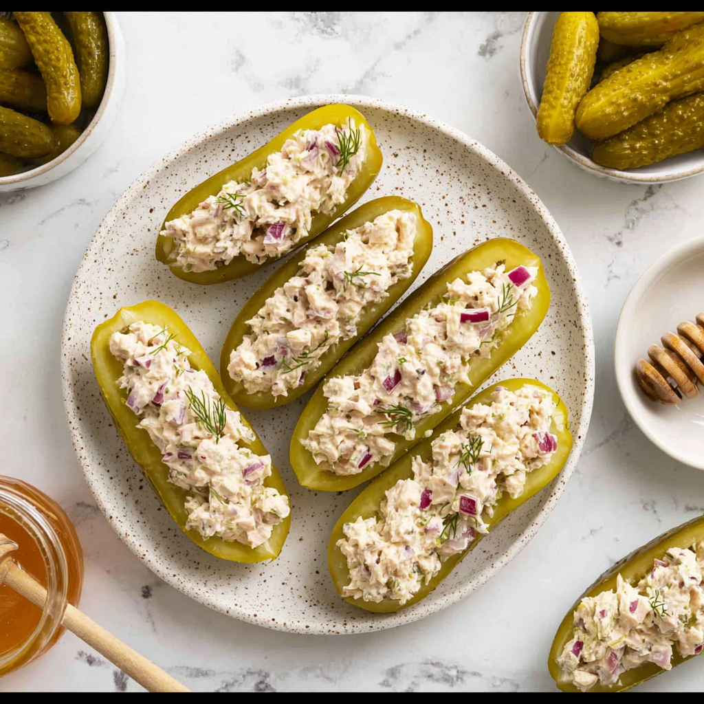 Dill pickle tuna salad cucumber boats filled with creamy tuna salad and topped with fresh dill.