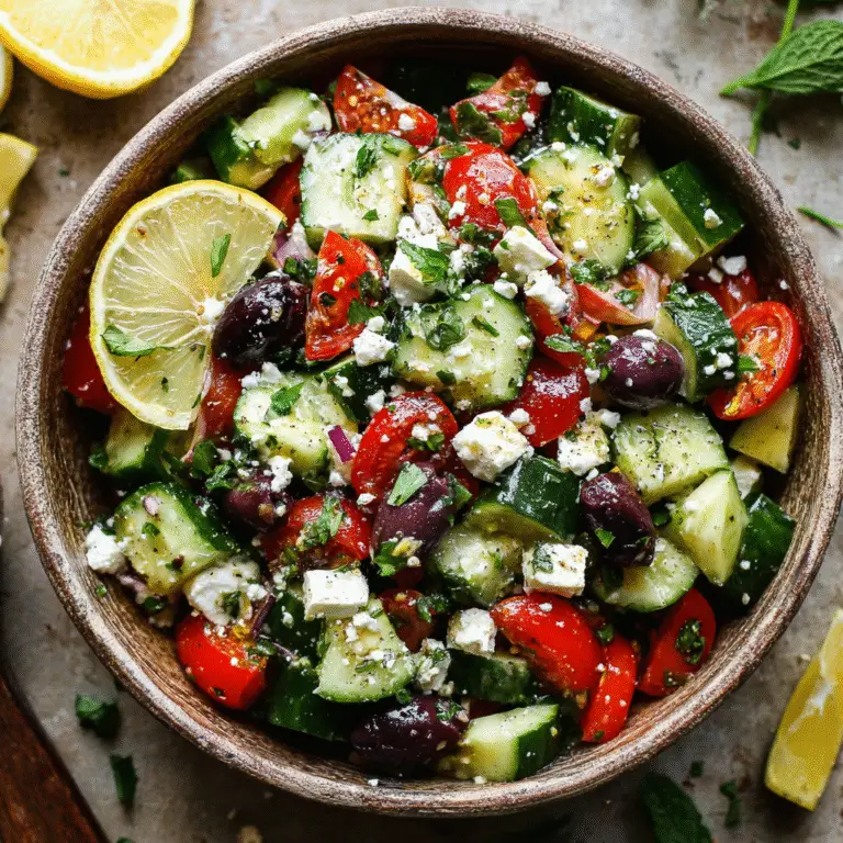 A fresh Mediterranean cucumber salad in a white bowl, featuring diced tomatoes, olives, and crumbled feta cheese.