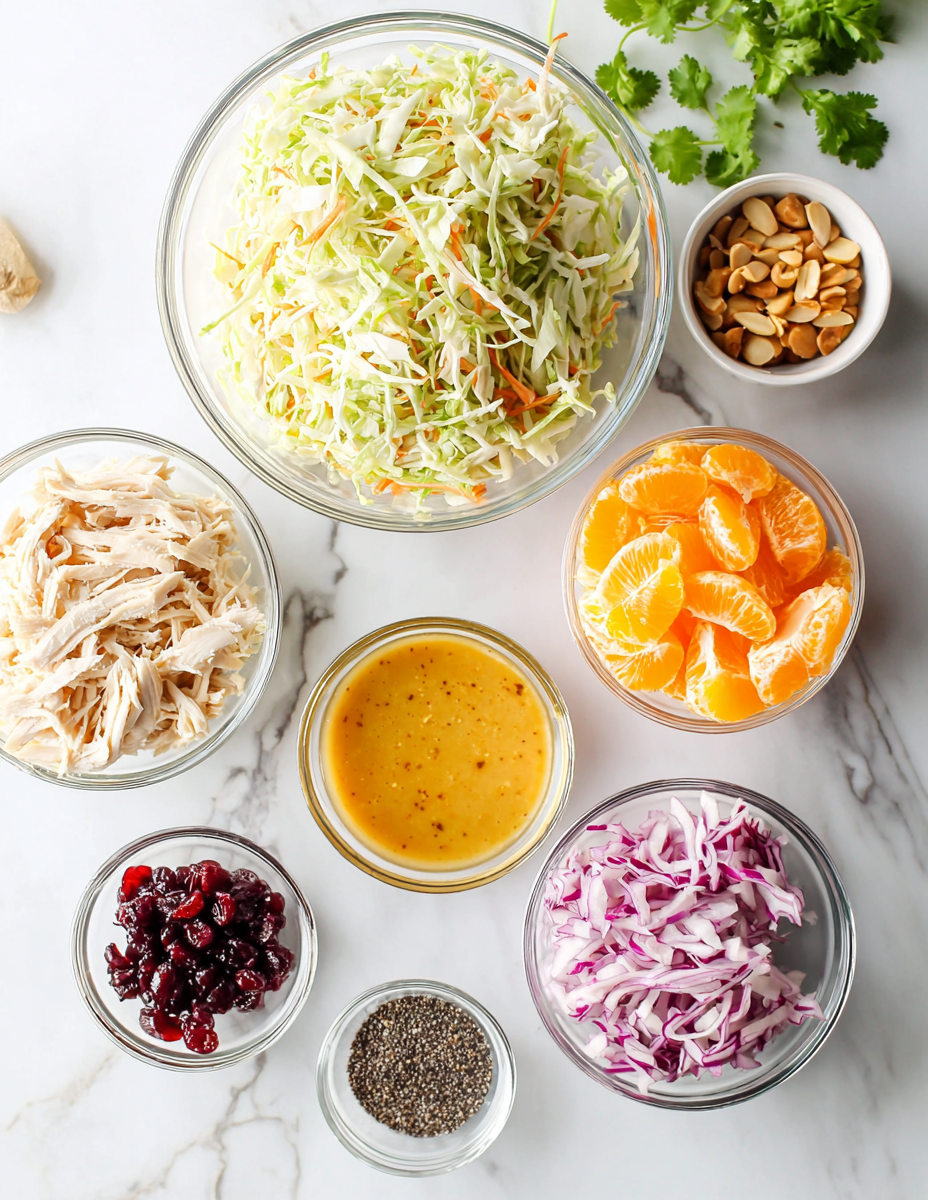 Ingredients for Asian Chicken Cranberry Salad, including coleslaw mix, rotisserie chicken, and dressing components, arranged on a kitchen counter.