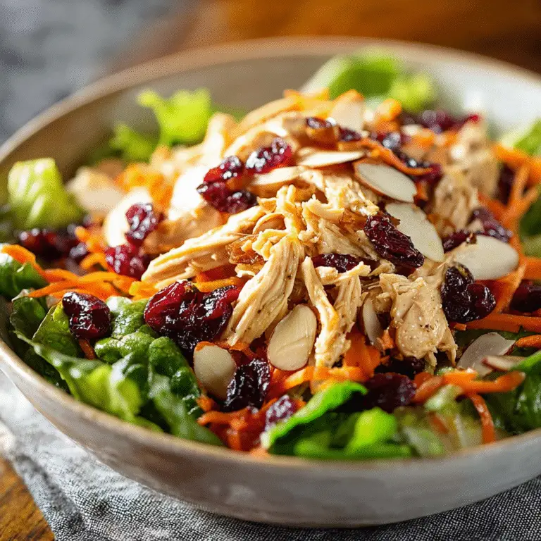 Asian Chicken Cranberry Salad topped with shredded chicken, dried cranberries, and almonds in a bowl