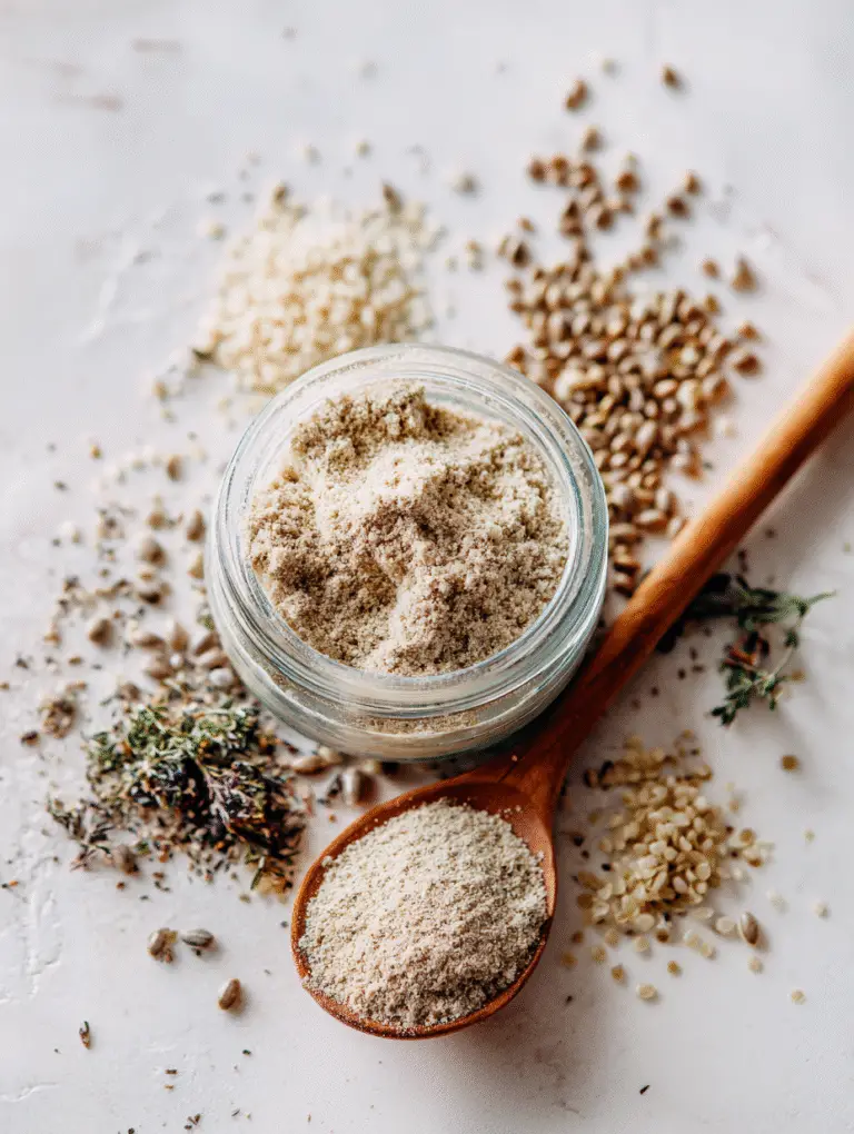 A small bowl of homemade bariatric seed powder, finely ground from flax, chia, and hemp seeds.