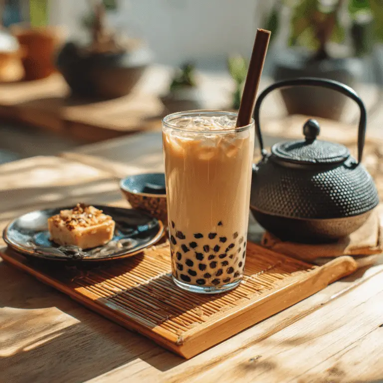 Black milk tea boba served in a tall glass with boba straw and tea set