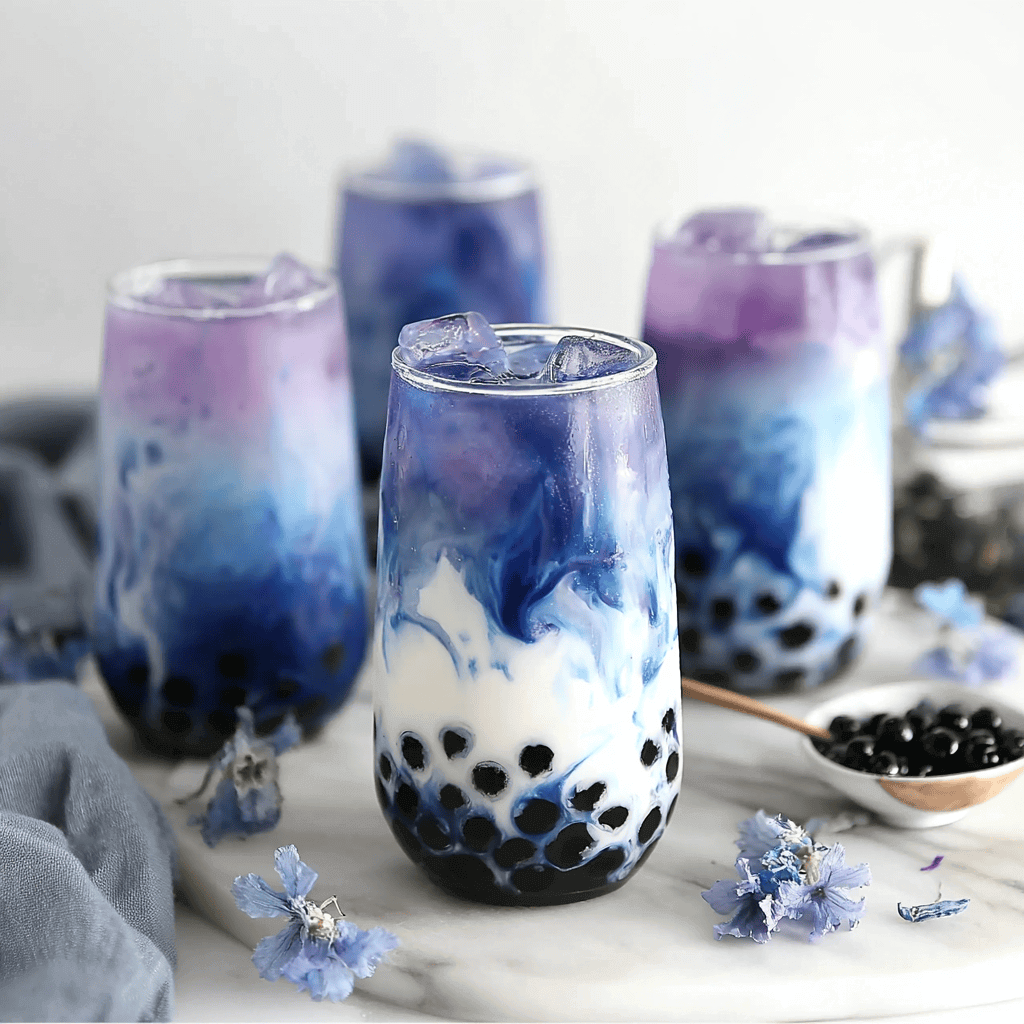 Layered butterfly pea boba milk tea with tapioca pearls