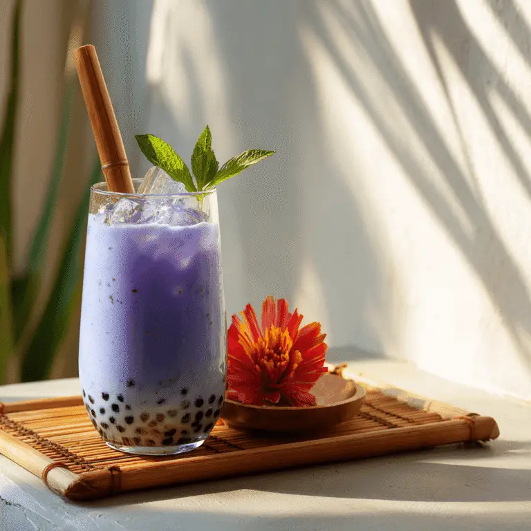 Served butterfly pea milk tea with straw and garnish