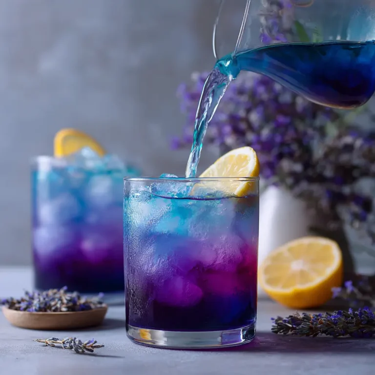 Butterfly pea iced tea in a clear glass with lemon juice poured, tea transitioning from blue to purple
