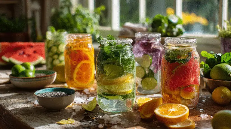 Homemade electrolyte mocktails with citrus, coconut water, and sea salt in glasses.