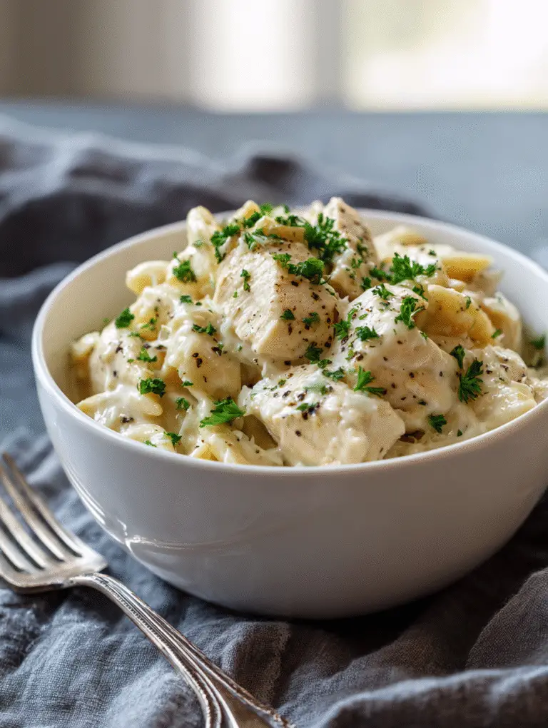 A white bowl of creamy Justalittlebite chicken alfredo topped with fresh parsley.