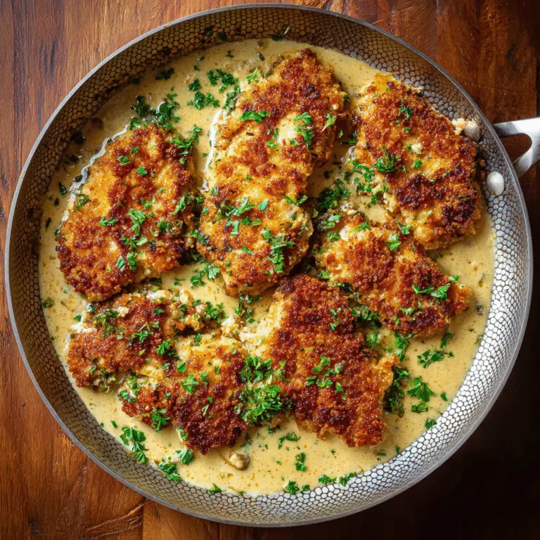Golden brown Parmesan crusted chicken with a creamy garlic sauce simmering in a black skillet
