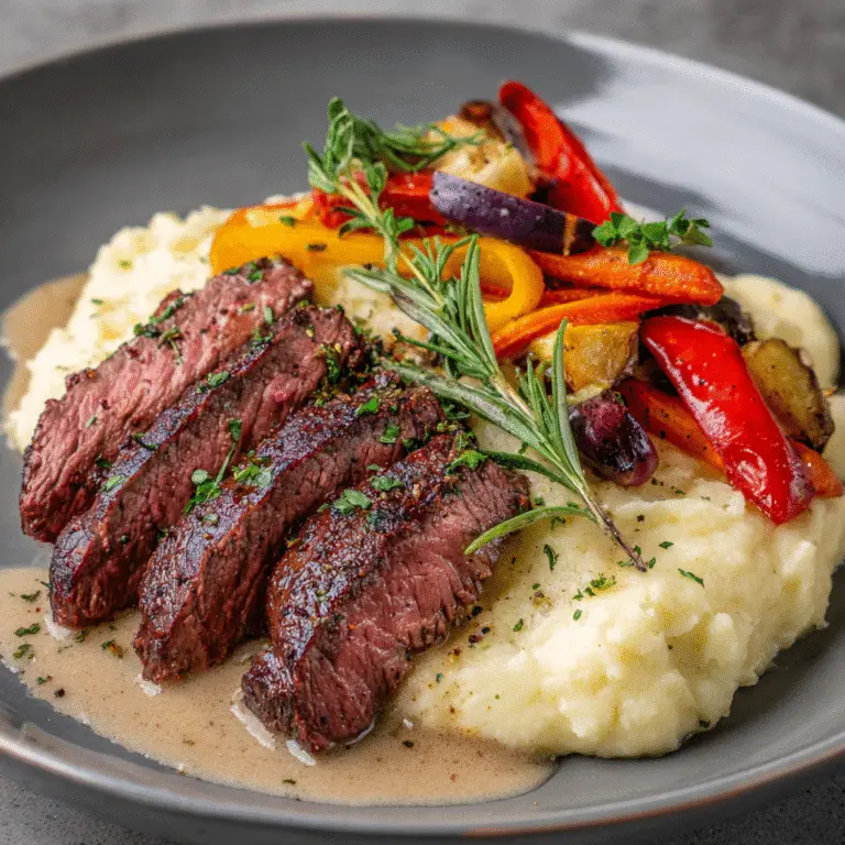 Plate of sliced beef steak next to a mound of creamy mashed potatoes, garnished with fresh herbs