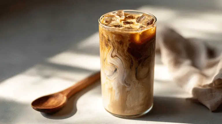 A tall glass of creamy tahini iced coffee with swirling layers of coffee and plant-based milk.