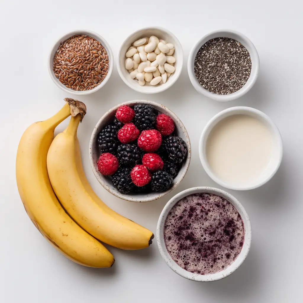 Fibermaxxing Smoothie: A High-Fiber Trend You’ll Actually Love 7 fibermaxxing smoothie ingredients on white background