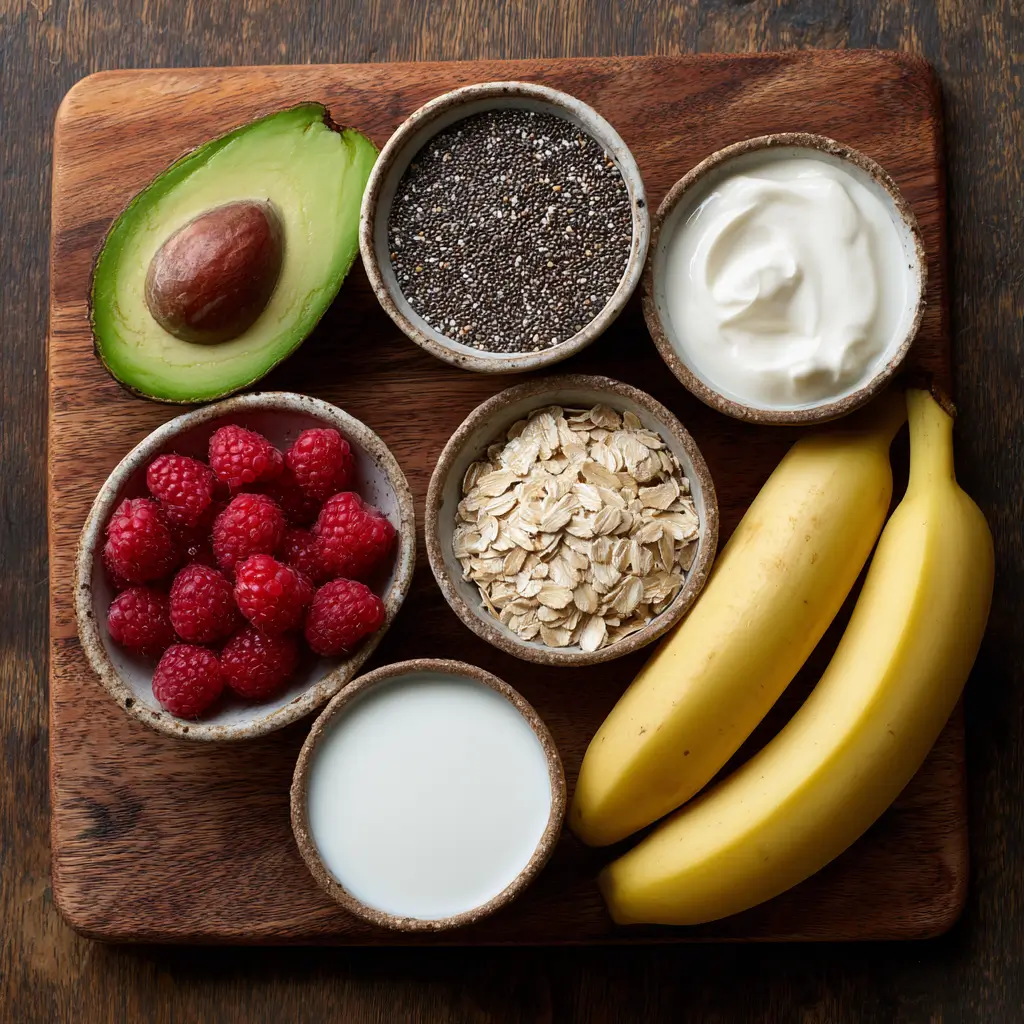 High Fiber Smoothie for Gut Health & Energy (Easy & Delicious) 5 High fiber smoothie ingredients flat lay