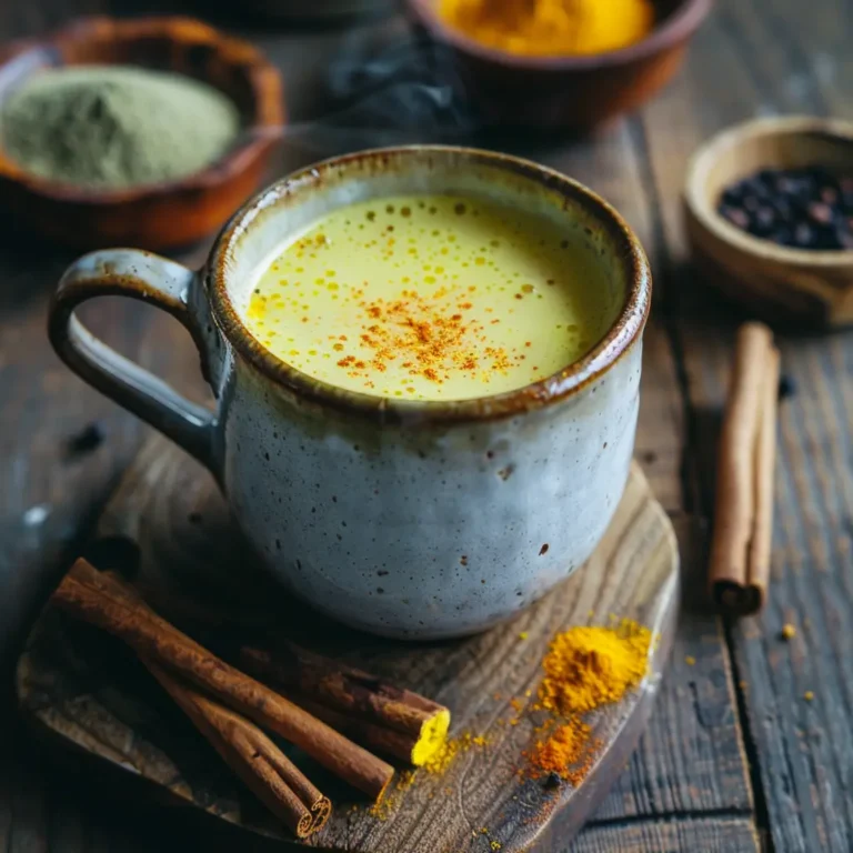 Golden turmeric collagen latte in ceramic mug with steam rising