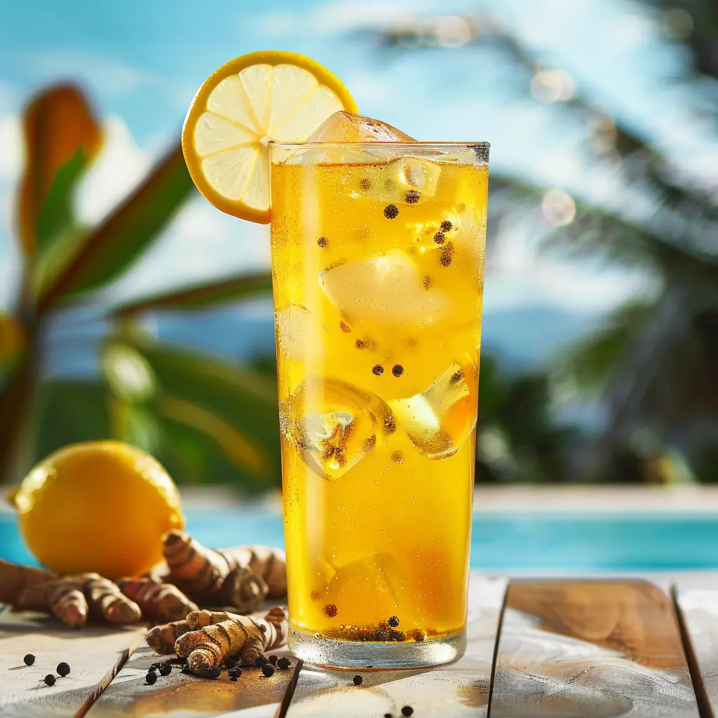 Iced turmeric collagen tea in a tall glass with lemon slice
