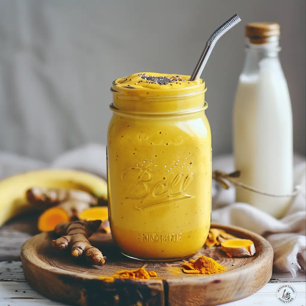 Golden turmeric collagen smoothie in mason jar with metal straw