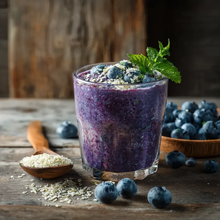 A finished psychobiotic blueberry brain booster smoothie in a glass, garnished with fresh blueberries and flaxseed.