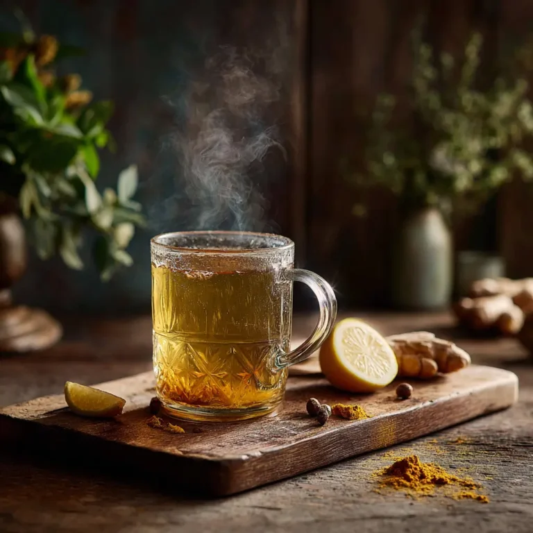 Bone broth collagen drink in rustic mug with lemon and turmeric