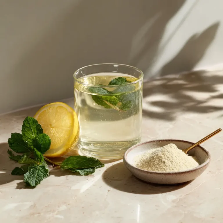 Lemon collagen water tonic with mint in glass