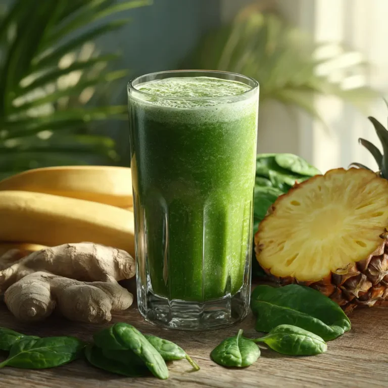 A green postbiotic smoothie for bloating, with ingredients like kefir, banana, and spinach visible.