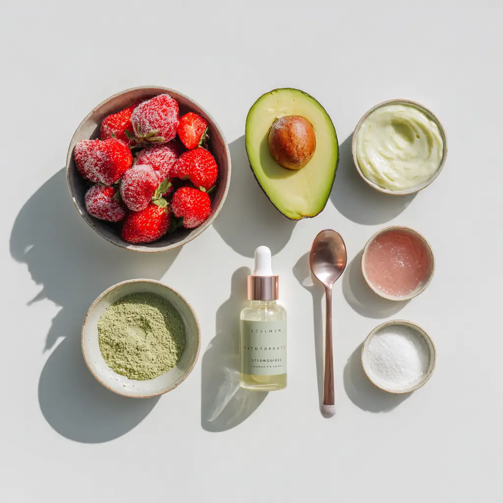 Flat lay of Hailey Bieber smoothie ingredients like strawberries, avocado, sea moss gel, and liquid hyaluronic acid