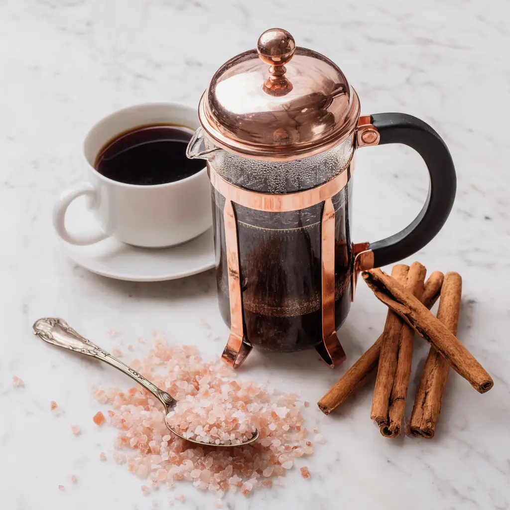 Ingredients for Himalayan pink salt coffee, including coffee beans, a French press, and a small bowl of pink salt.
