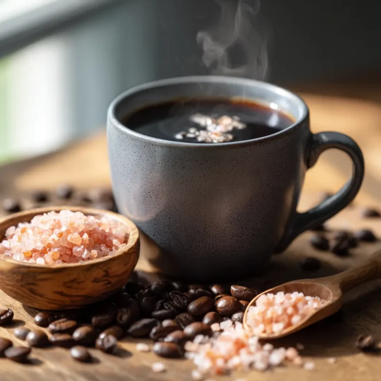 A finished cup of Himalayan pink salt coffee served in a white mug with a cinnamon stick.