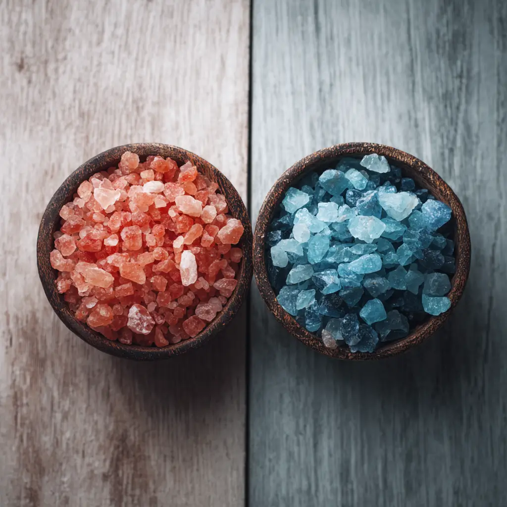 Pink Himalayan salt and Persian blue salt compared side-by-side in bowls