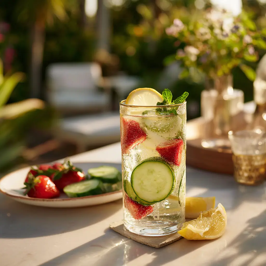 Served collagen water with cucumber and fruit in tall glass