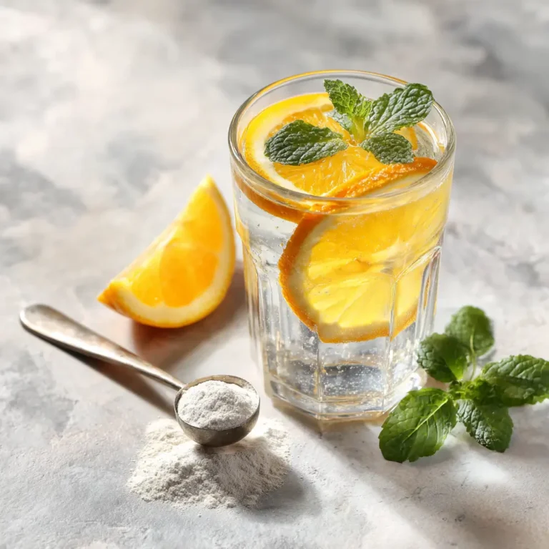 Sparkling collagen water with orange and lemon for glowing skin