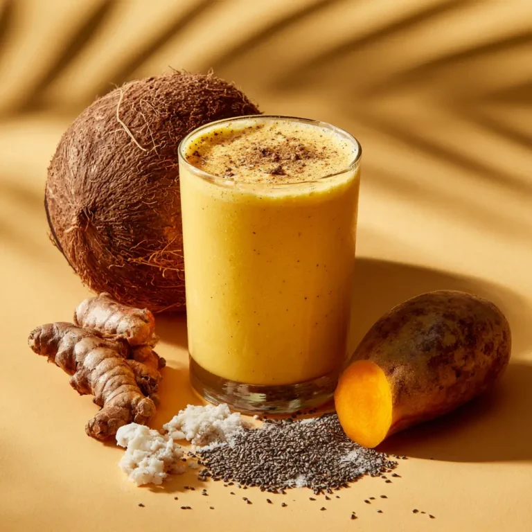 A vegan postbiotic smoothie with mango and fermented coconut yogurt.