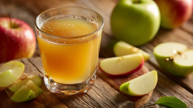 Apple pectin detox drink in a glass with apple slices