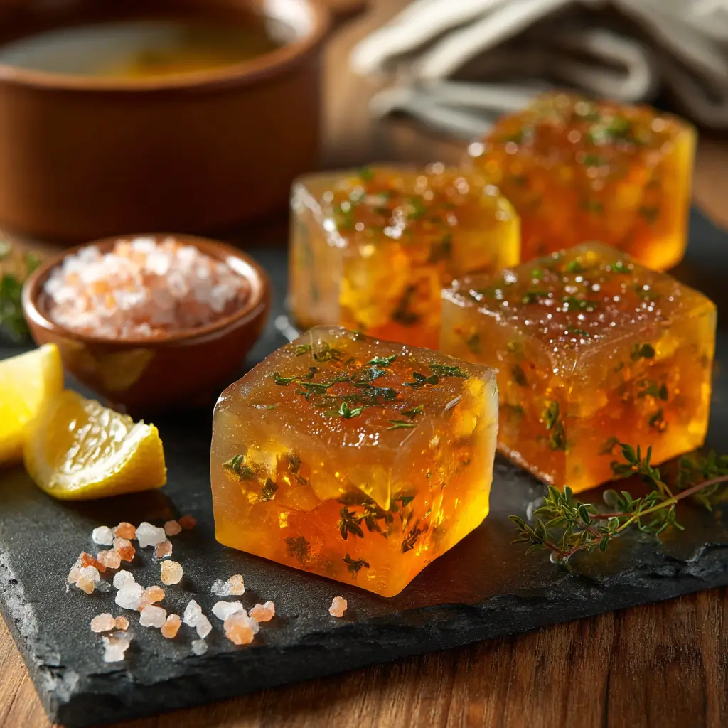 Golden bone broth gelatin cubes with herbs, chilled and cut for a savory bariatric snack.