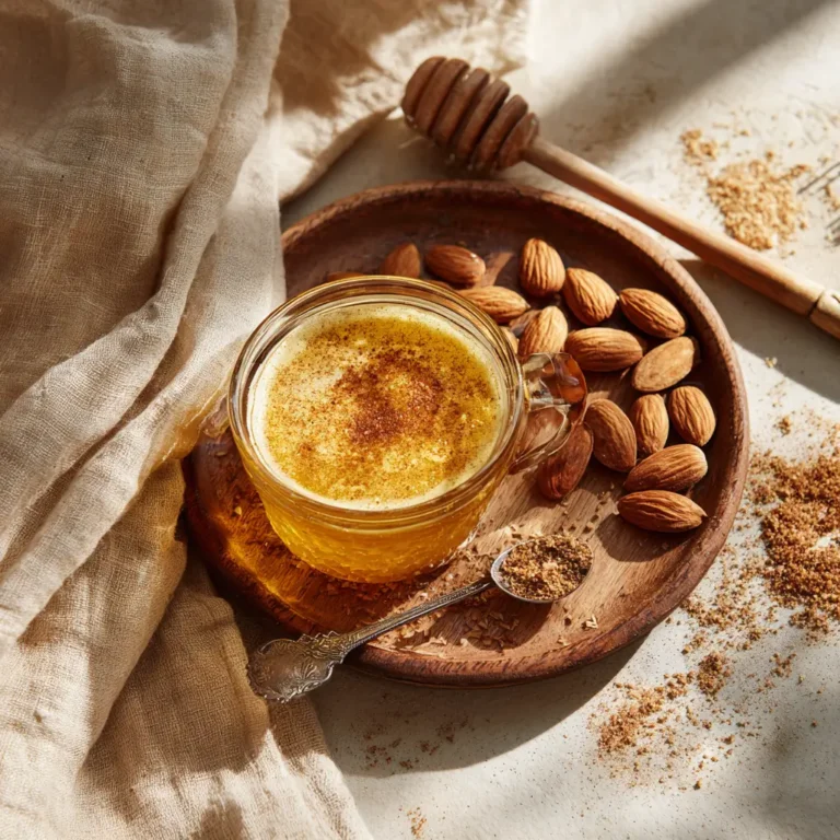 served honey trick drink and almonds on tray