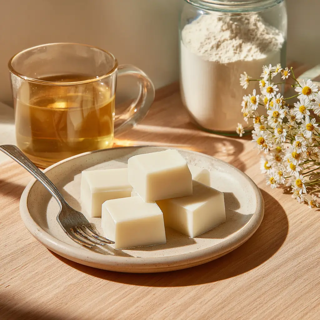 Soft white egg white gelatin cubes on a ceramic plate, a dairy-free protein option.