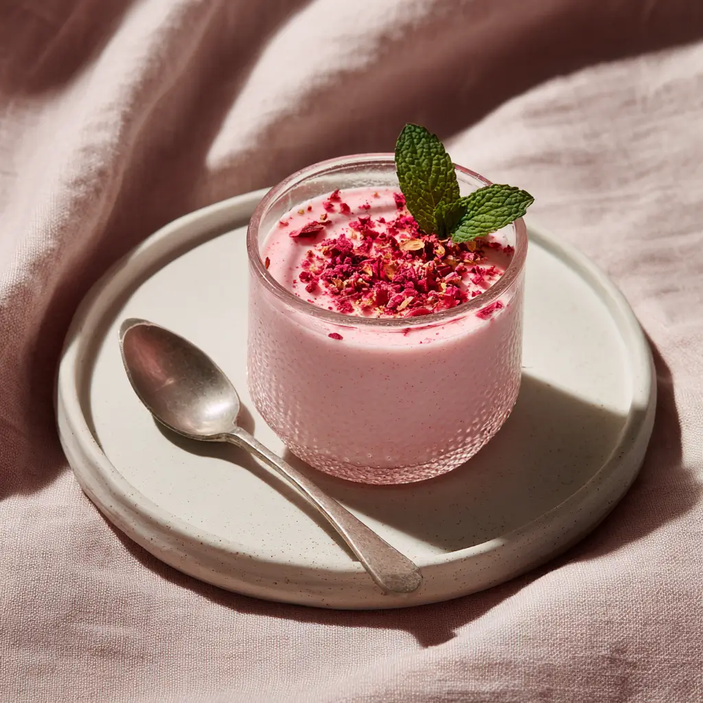 Creamy pink Greek yogurt gelatin set in individual silicone cups, ready for a bariatric snack.