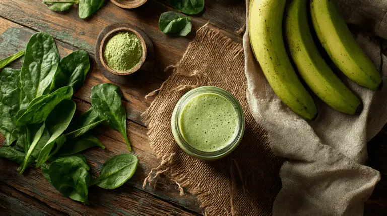green banana flour smoothie with banana and spinach