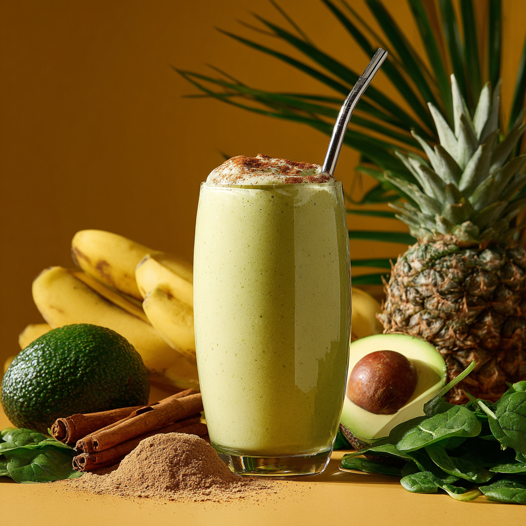 served glass of tropical green banana flour smoothie