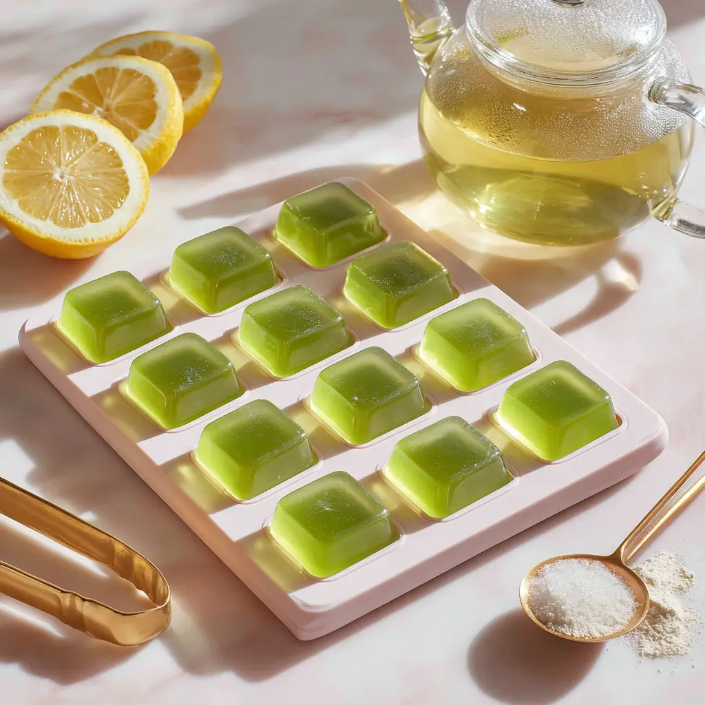 Translucent green tea gelatin gummies in silicone molds, made with collagen for bariatric use.