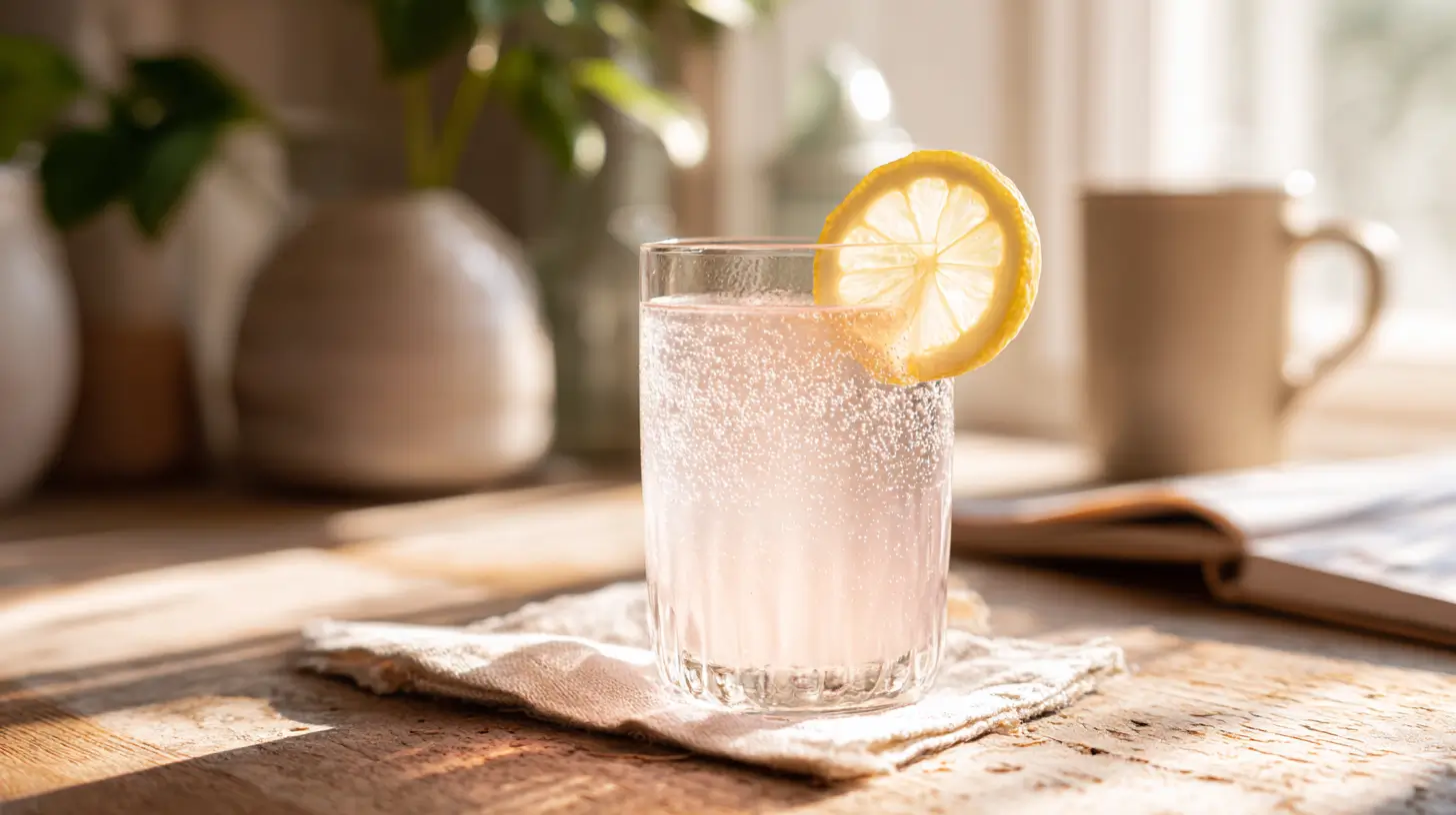 Glass of Korean pink salt trick drink on a rustic wooden table