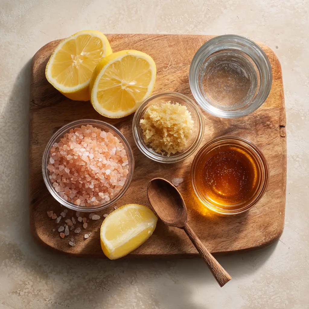 Ingredients for the Korean pink salt trick drink including pink salt, lemon, and ACV
