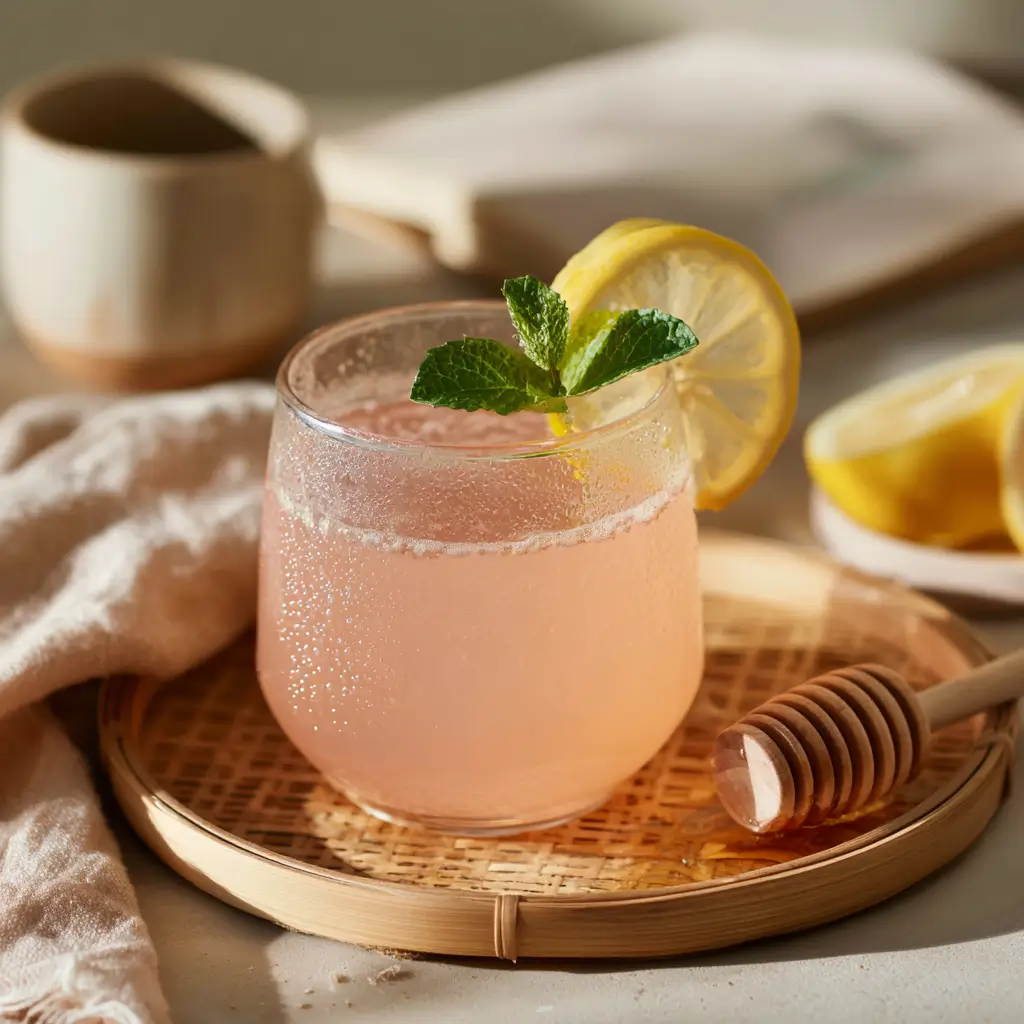 Morning pink salt trick drink served with lemon and honey