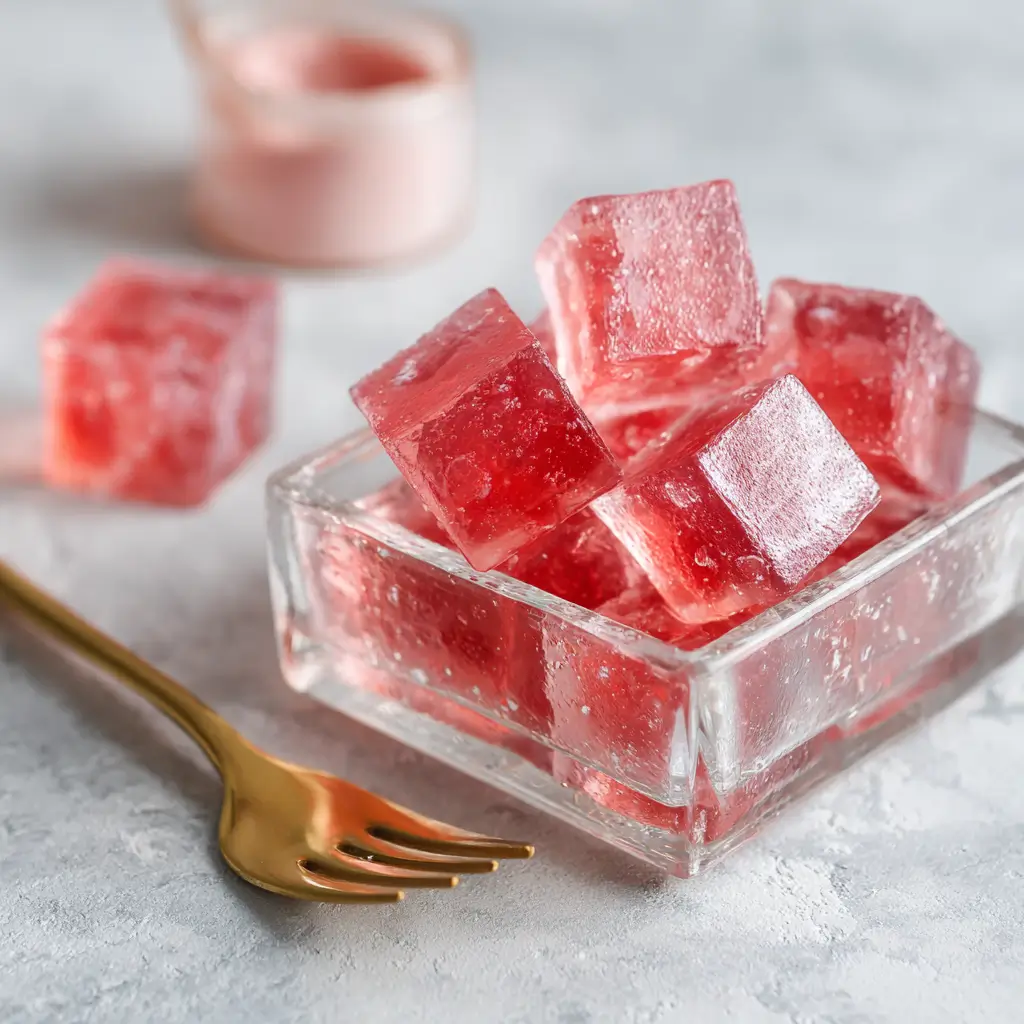 Clear pink protein powder gelatin cubes in a glass bowl, perfect for early bariatric recovery.