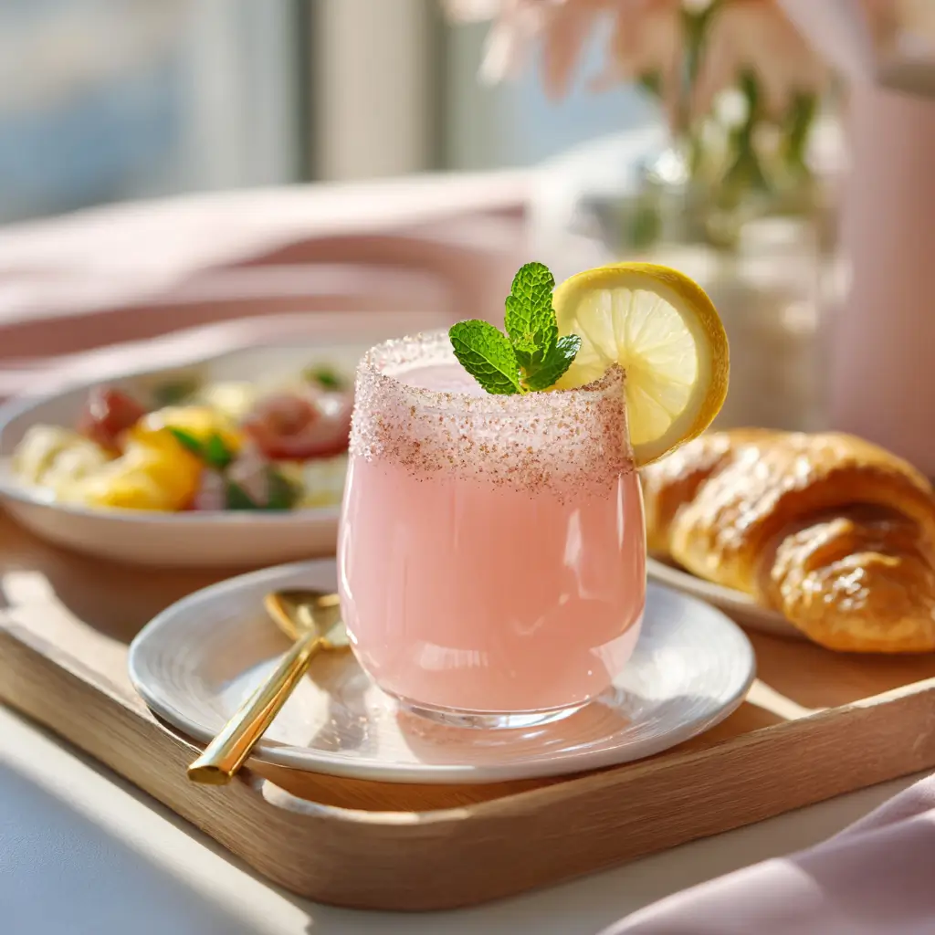 served glass of pink salt and baking soda drink with lemon garnish
