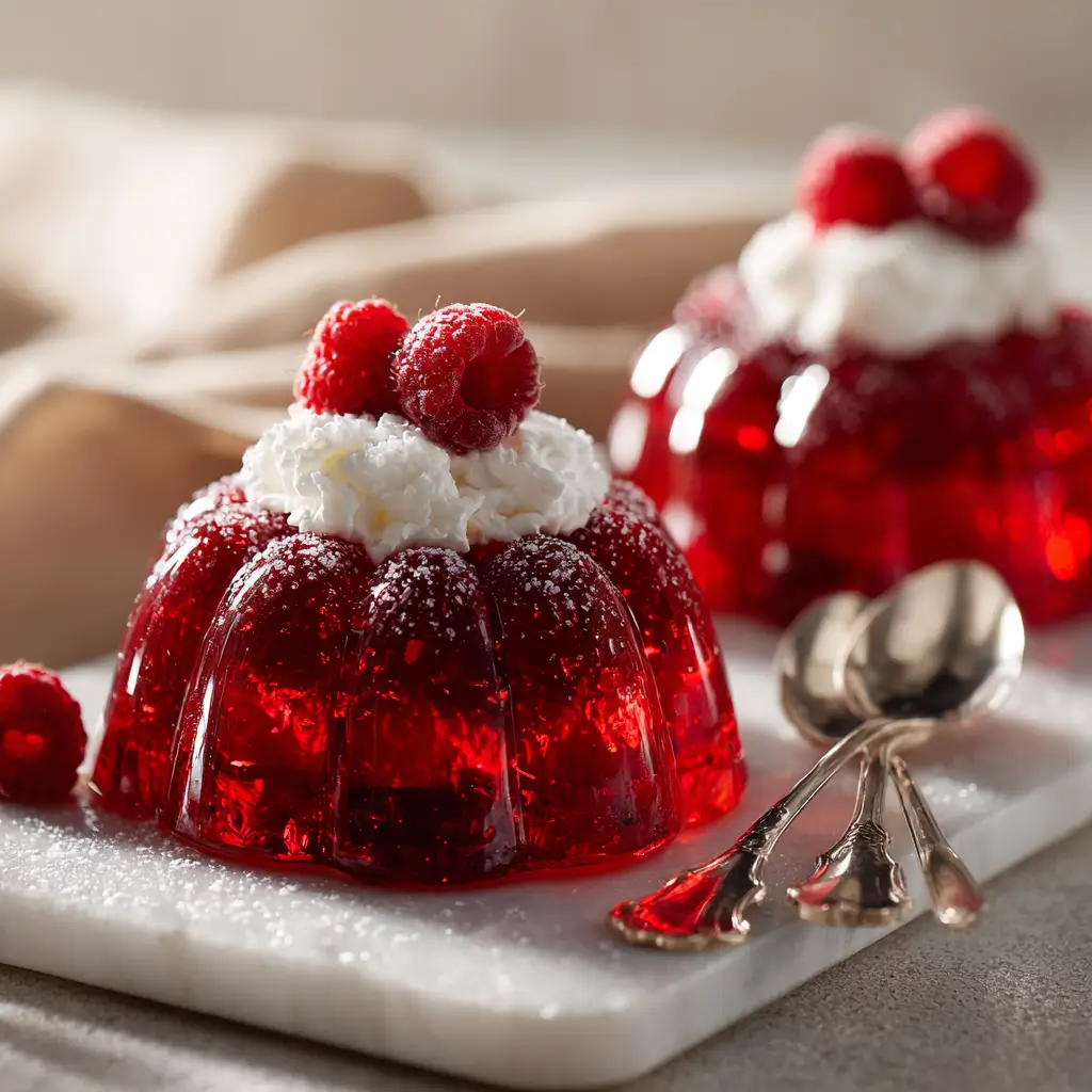 Whey protein gelatin dessert topped with raspberries