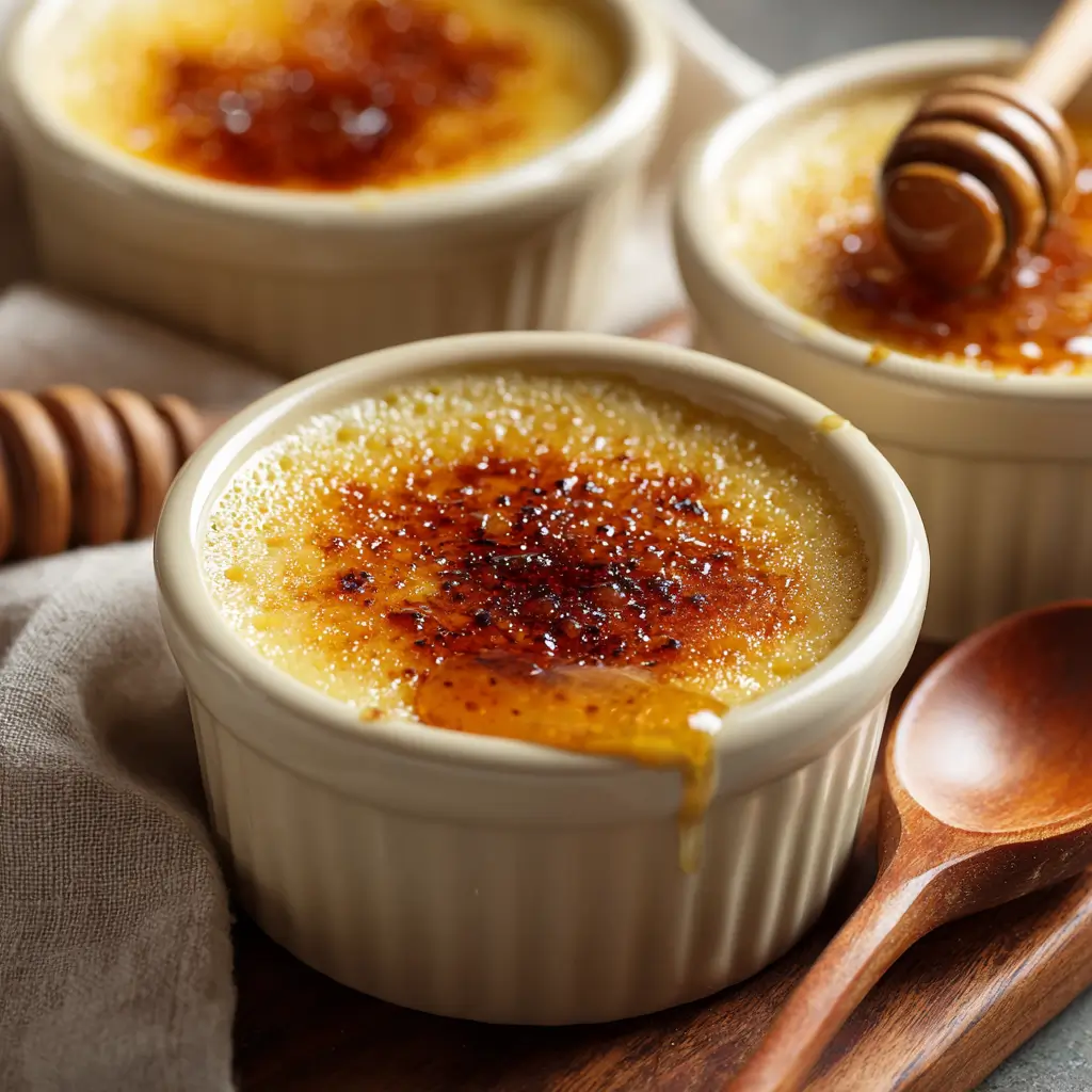 Baked custard honeypots with golden honey glaze